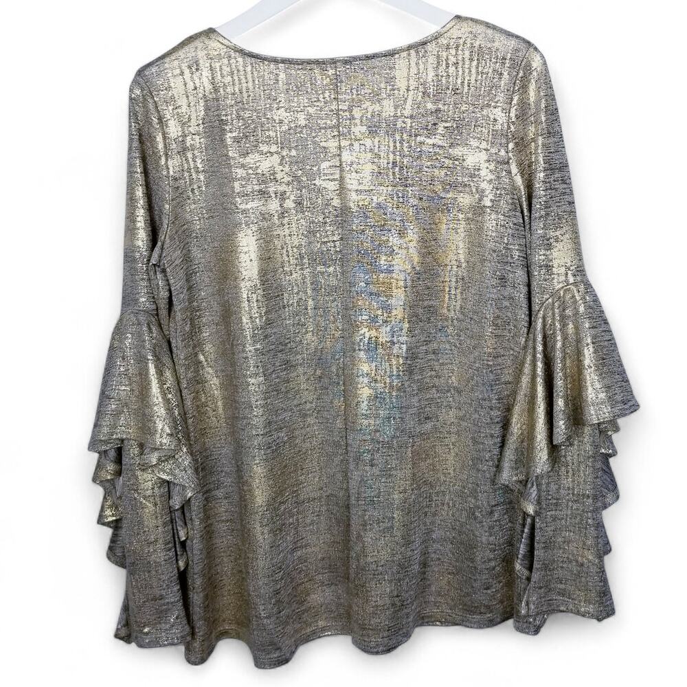 GIBSON LATIMER Shiny Gold Metallic V-neck Flutter Sleeve Pullover Top - Small - Picture 8 of 10